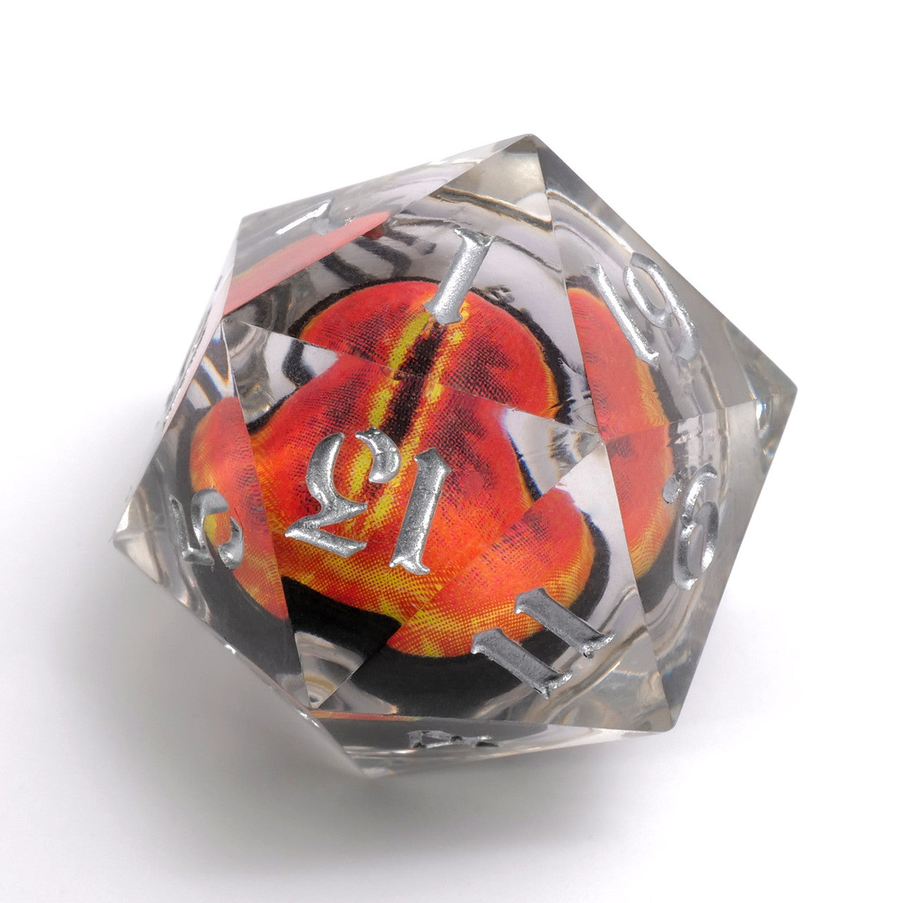 Dragon Eye: Orange Iris Single D20 w/ Silver Ink